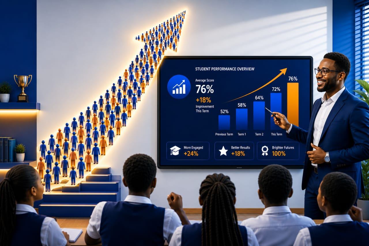 A teacher presenting improved student performance results to a class