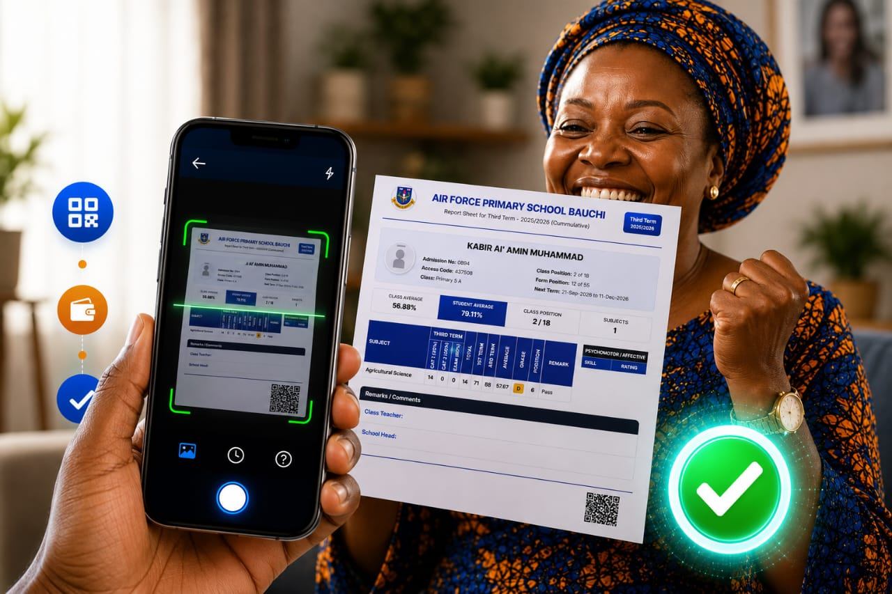 A parent scanning the QR code on a school report sheet with a phone to confirm it is genuine
