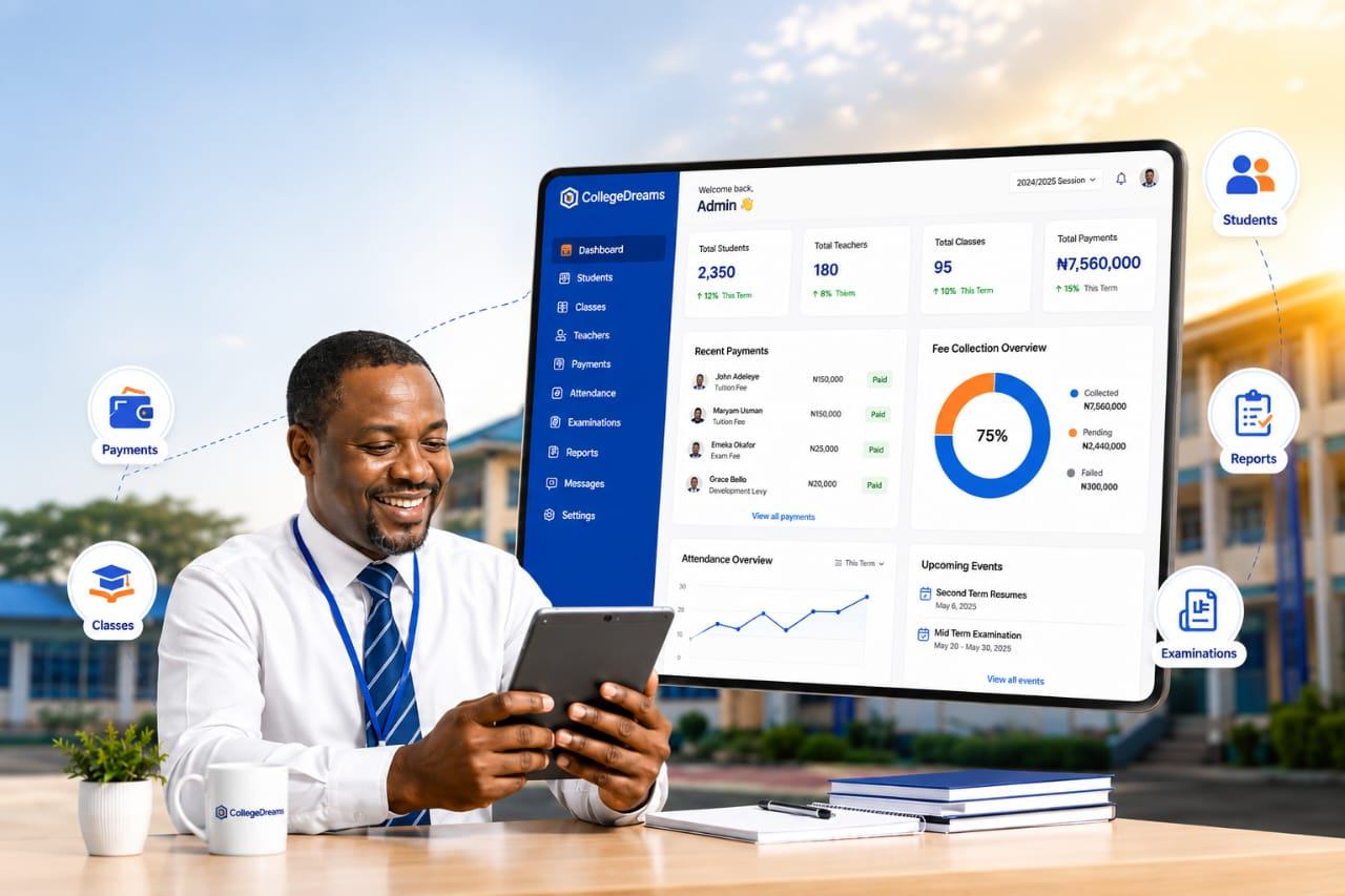 A school administrator reviewing fee collection on the CollegeDreams dashboard