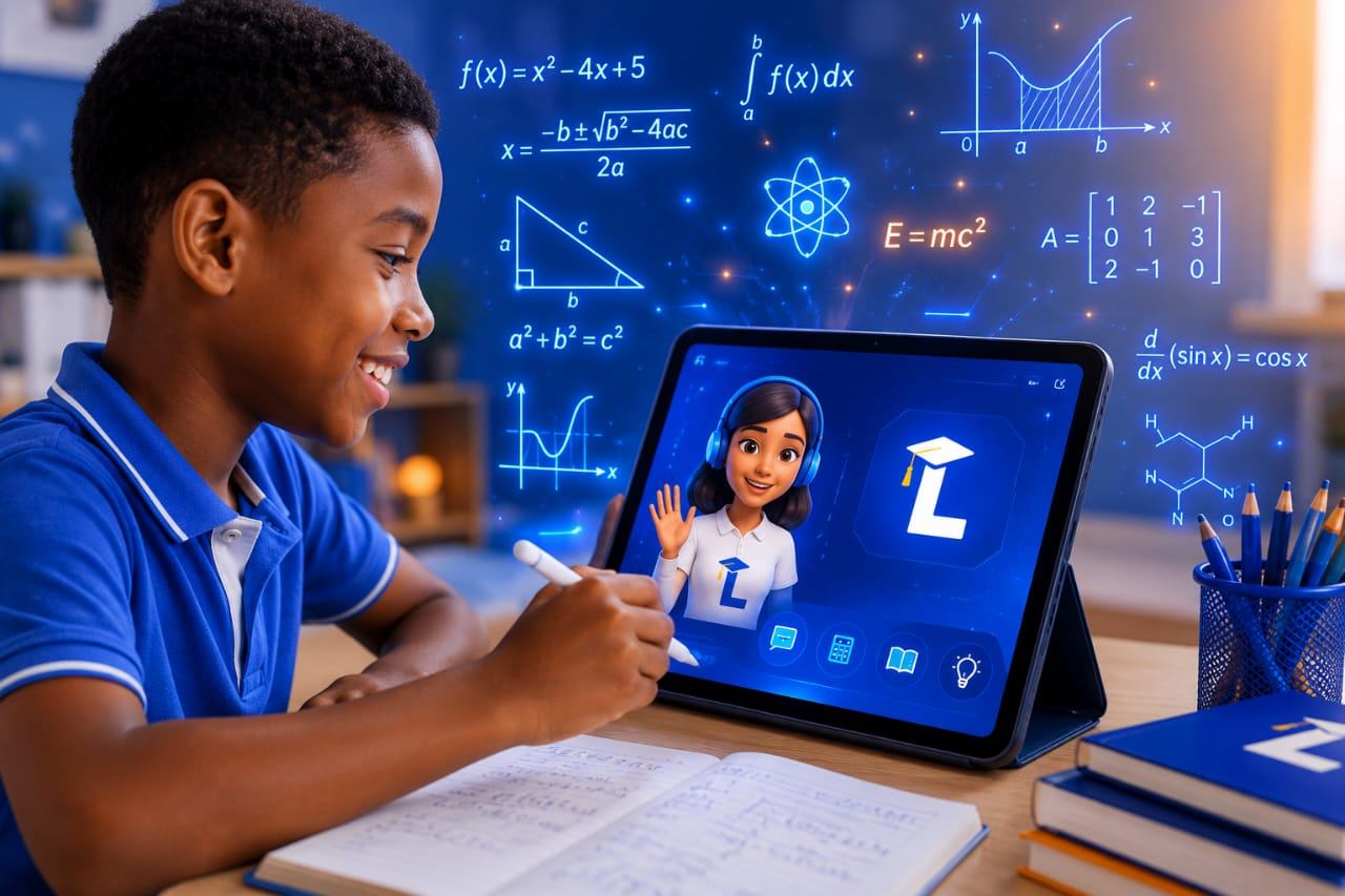 A secondary school student studying mathematics on the LINA e-learning app on a tablet